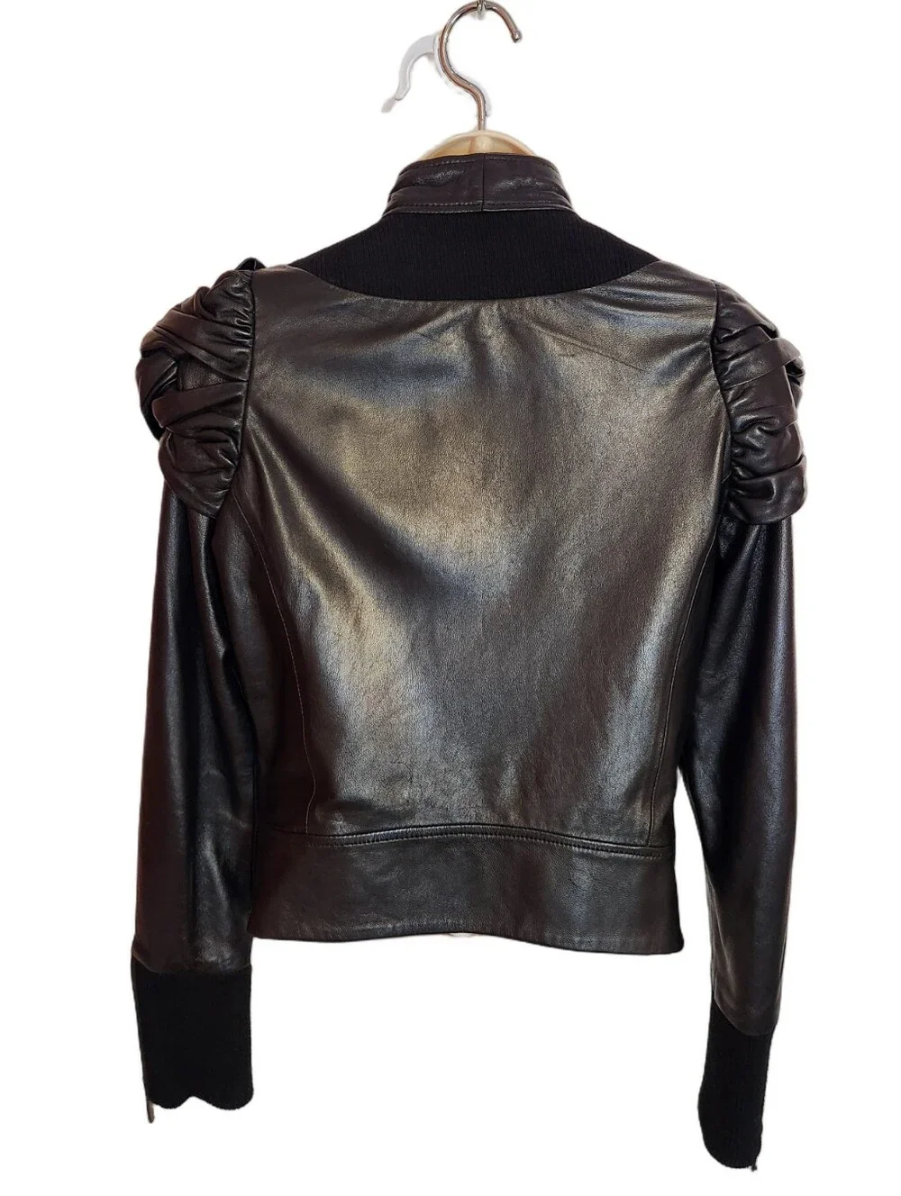 Afflication Leather Ribbed Knit Open Front Twist Puff Sleeve Moto Jacket Black M - Picture 5 of 10